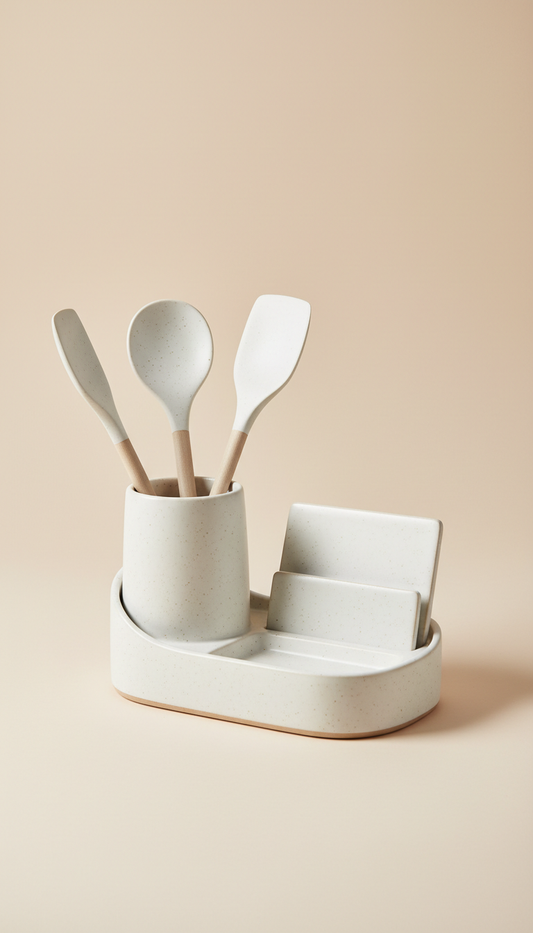 A centered image of a ceramic kitchen organizer from Urban Oasis, set against a light beige background. The product's...
